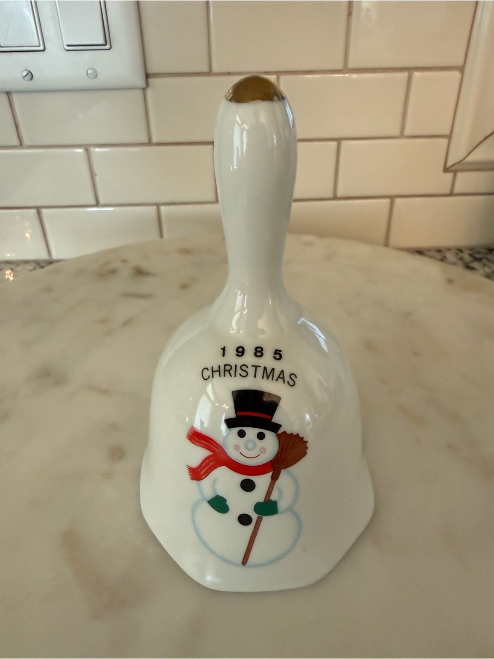 Vintage White and Red Snowman Ceramic Holiday Bell by Vintage